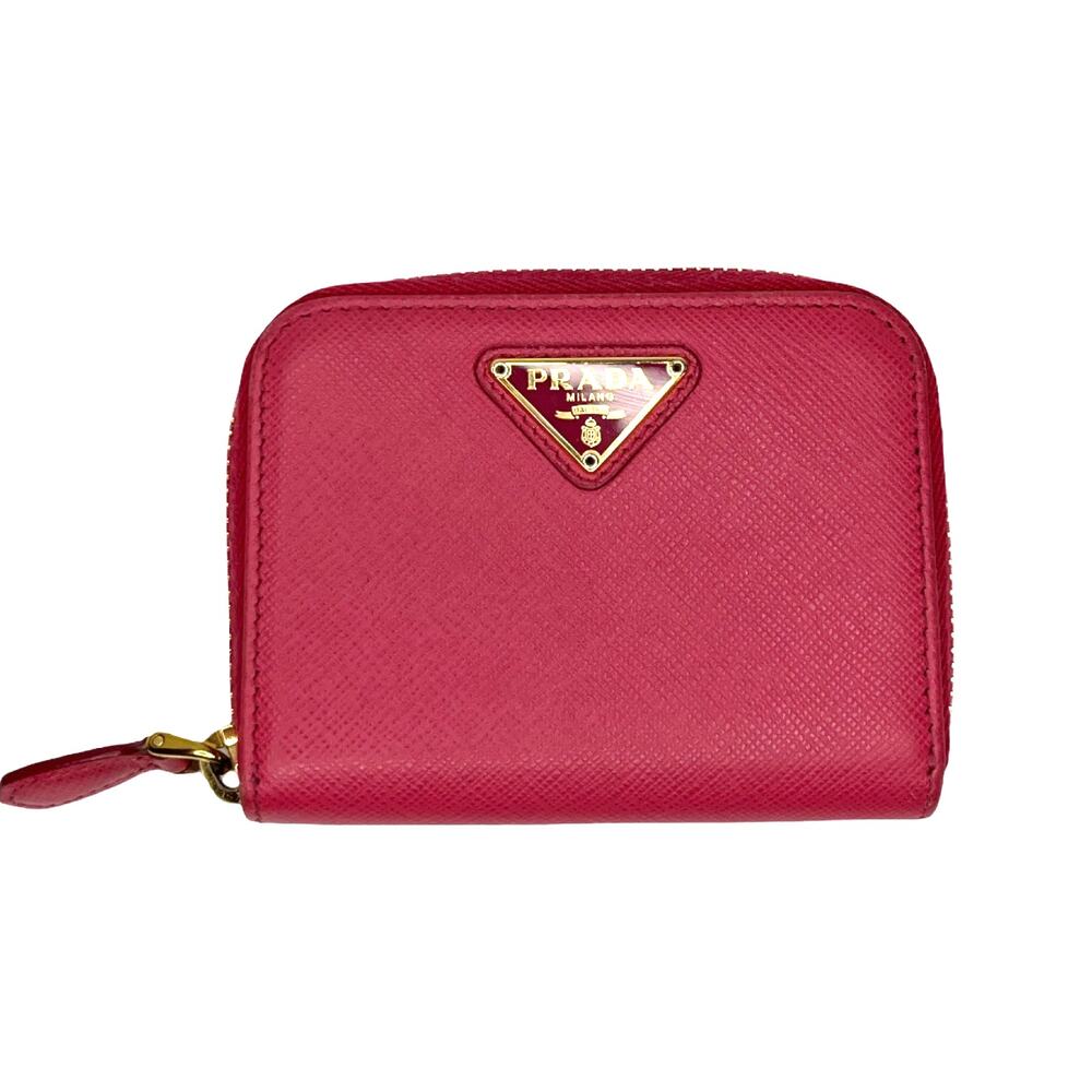 Prada Saffiano Leather Zip Coin Purse Compact Wallet Pink Gold Logo Italy Small